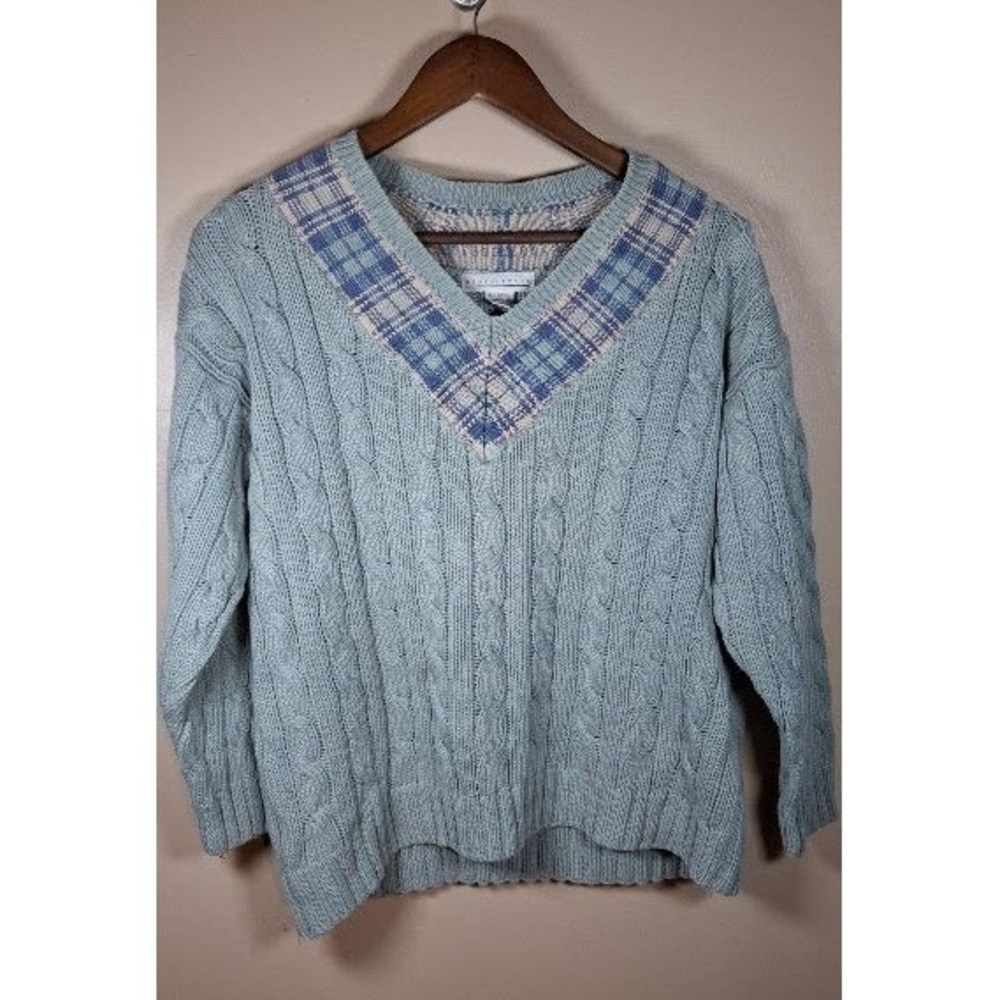 Vintage Weathervane Cable Knit Sweater V-Neck Plaid Trim Sage Blue Ramie Cotton